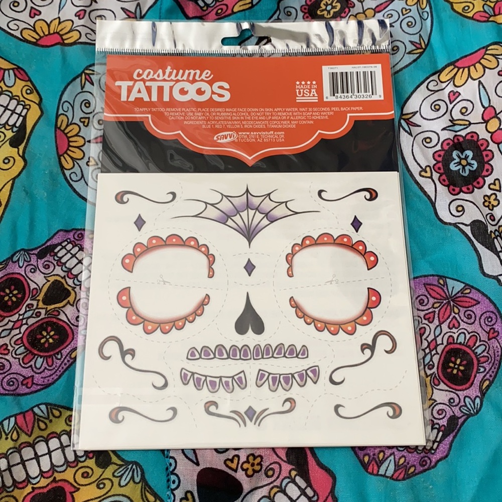Día de los Muertos {Day of the Dead} Costume Face Tattoos 34 Count Made in USA - Picture 2 of 6